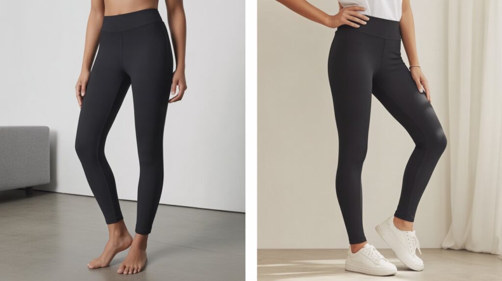 Side-by-side photo showing yoga pants vs leggings, with one model barefoot in high-waist yoga pants and another wearing black leggings with white sneakers.