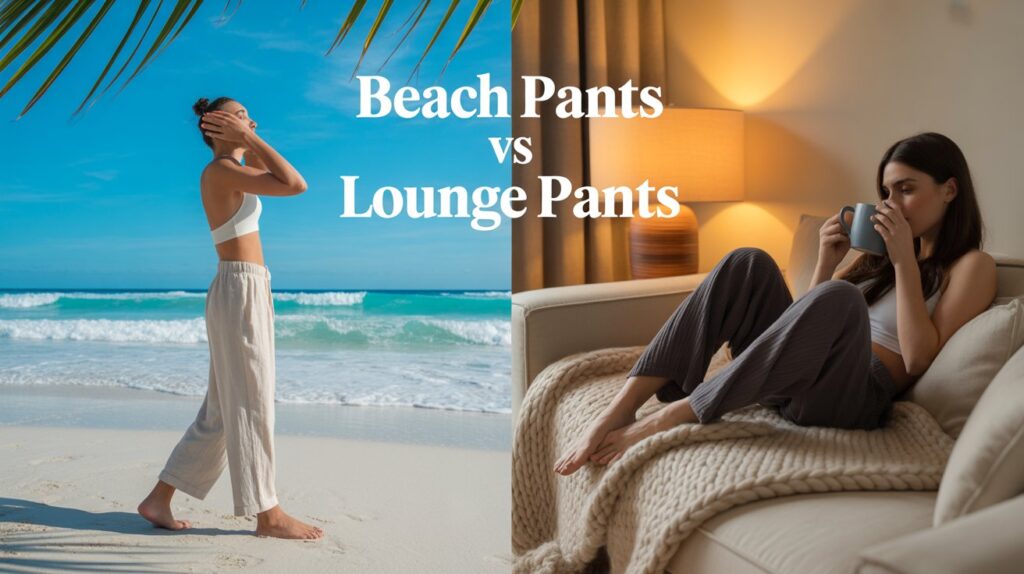 A stylish side-by-side image showing the difference between Beach pants vs lounge pants — one woman wearing airy beach pants on the shore and another relaxing indoors in soft lounge pants with a cup of coffee.