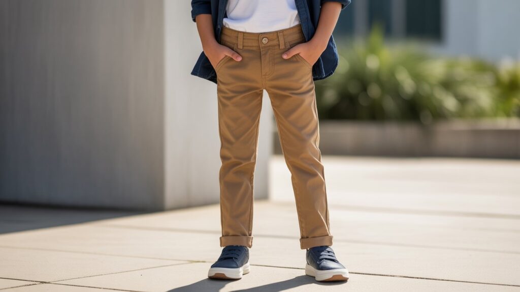 A young boy wearing stylish tan pants and sneakers outdoors, showcasing the best pants for boys in a comfortable and fashionable look.