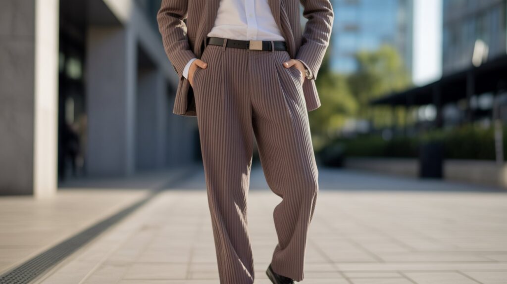 Stylish man wearing the best pleated dress pants for men, showcasing a modern and sophisticated look in an urban environment.
