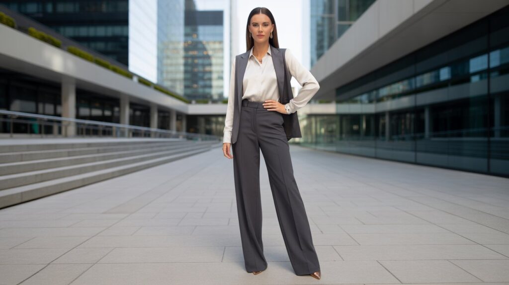A stylish woman wearing perfectly fitted wide-leg trousers and a blouse, representing how to choose the best pants for women in a modern, elegant style.