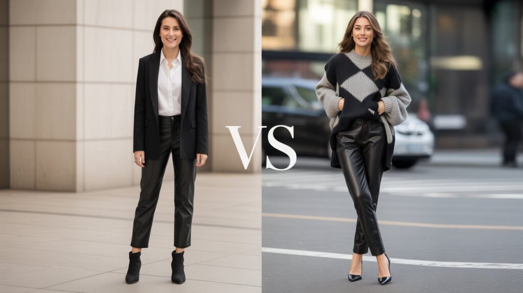 Two stylish women illustrating leather pants vs faux leather pants outfits—one wearing a smart blazer with leather pants, and the other in a cozy sweater with faux leather pants, showcasing both professional and casual fashion styles.
