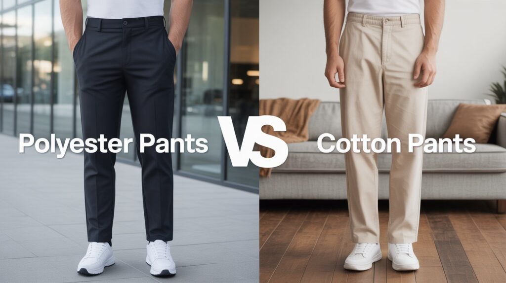 Side-by-side view of polyester pants vs cotton pants showing differences in fabric, texture, and style.