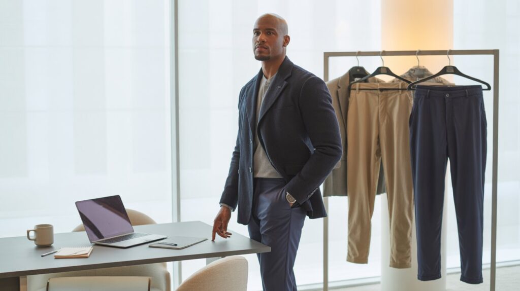 A confident man wearing the best pants for men's fashion standing near a desk with stylish trousers displayed on a rack, representing elegant and versatile wardrobe choices.