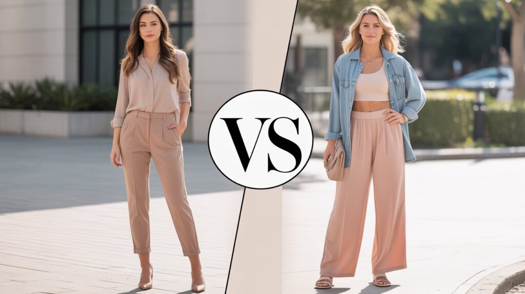 Two women standing side by side modeling tapered pants and wide leg pants in a chic outfit comparison, highlighting the difference between tapered pants vs wide leg pants for modern fashion styling.