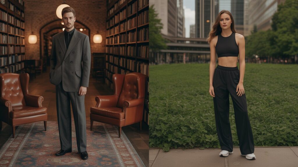 A stylish side-by-side comparison showing wool pants vs synthetic pants, contrasting formal indoor wool attire with casual outdoor synthetic fashion.