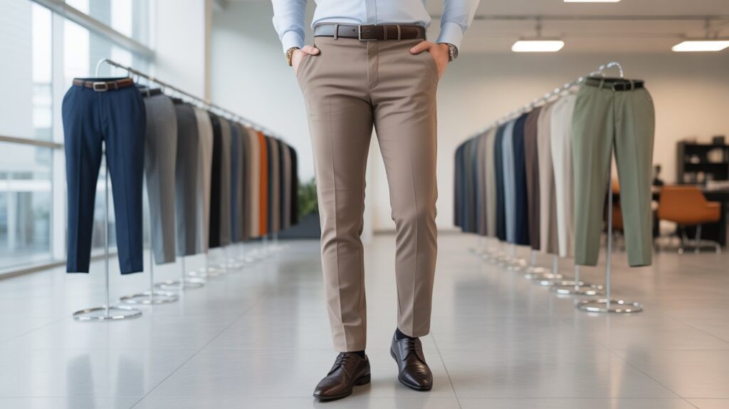 Man wearing slim-fit beige trousers in a modern showroom displaying various pants styles, showcasing some of the best affordable dress pants for men.
