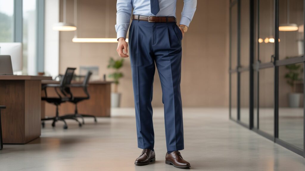 A man standing in an office wearing navy double-pleated dress pants, showcasing one of the best Double Pleated Pants for men styled with a light blue shirt and brown formal shoes.