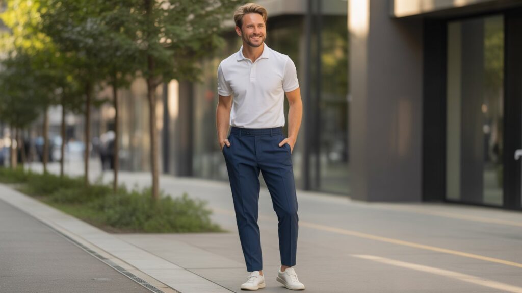A man wearing the best easy wear pants for men paired with a white polo shirt and sneakers, creating a stylish and comfortable city look.