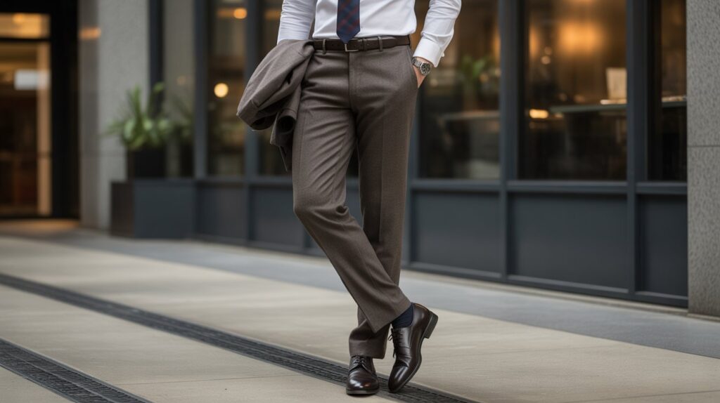 A man standing outside an office building wearing tailored brown flannel dress pants, showcasing a clean and professional look with the best flannel dress pants for men styled with a white shirt and leather shoes.