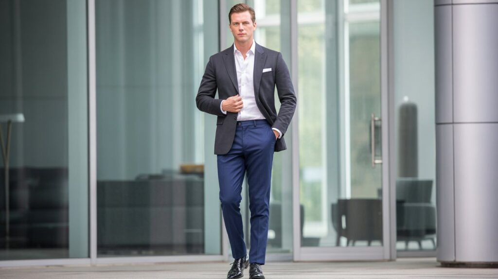 A confident man wearing the best formal pants for men with a white shirt and blazer, showcasing a polished modern office outfit.