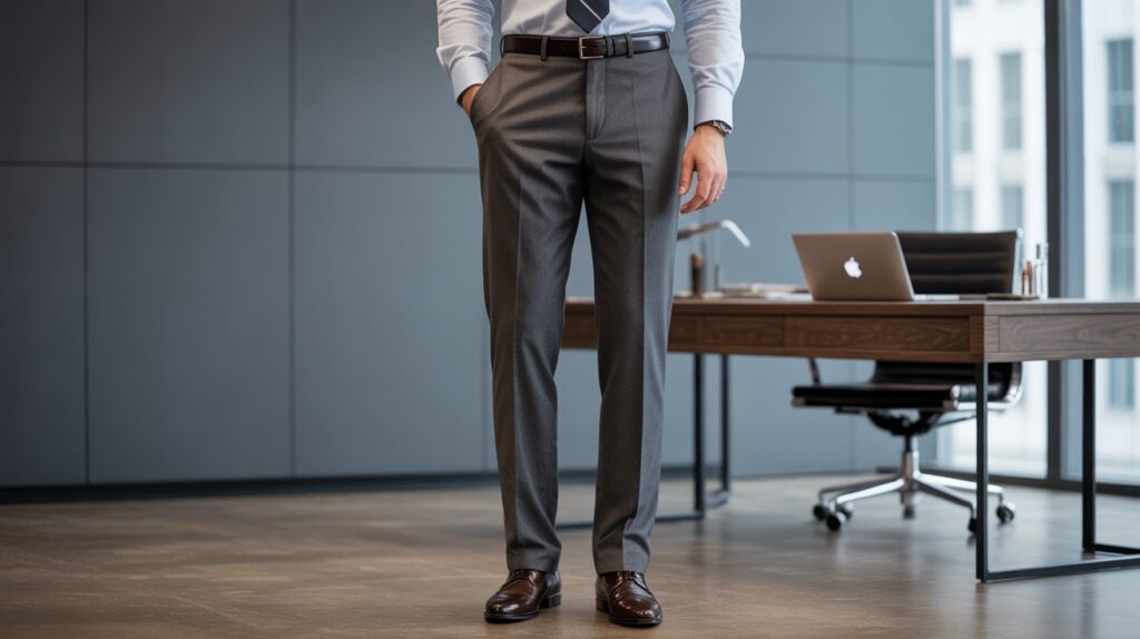 Professional man wearing the best formal wool pant for men in an office setting, representing comfort and modern style for business attire.