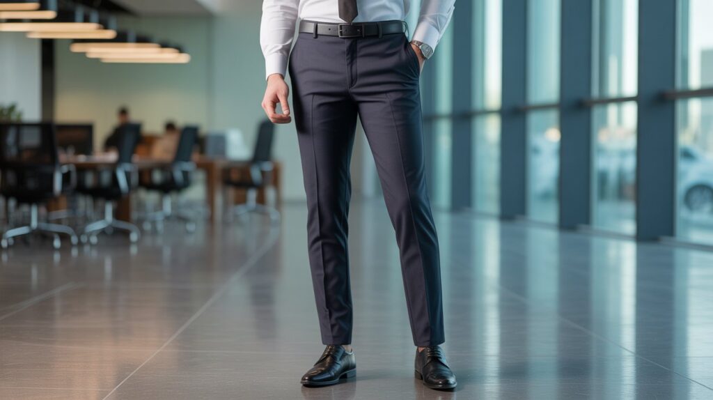A man standing in a modern office wearing stylish low-rise dress pants, showcasing one of the Best Low-Rise Dress Pants for men in a professional outfit.
