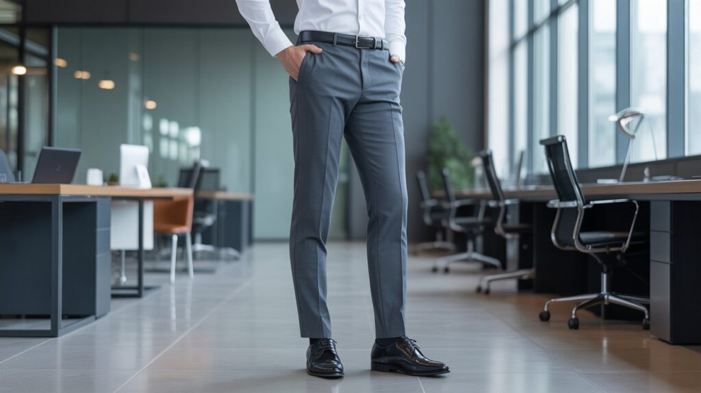 A man standing in a modern office wearing tailored grey suit pants and a white dress shirt, presenting a clean and professional look featuring the best suit pants for men.