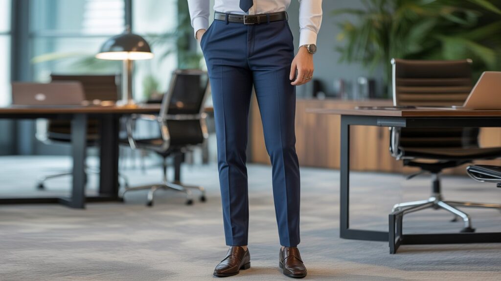 A man wearing tailored navy wool blend pants in a modern office setting, showcasing one of the best Wool Blend Pants for men for a professional look.