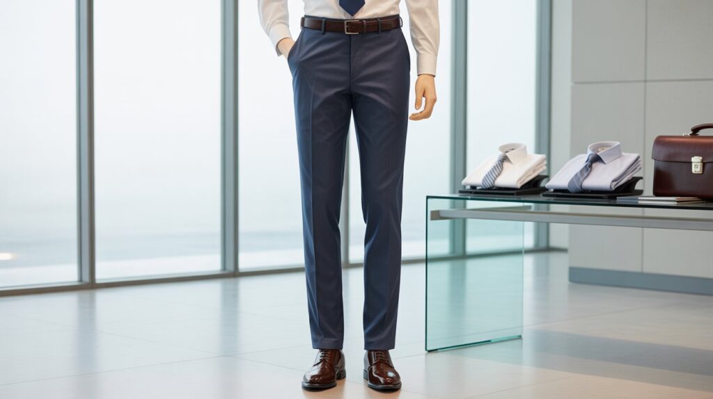 A man wearing navy wrinkle-resistant dress pants, styled with a white shirt and brown shoes in a modern office setting, representing the best wrinkle resistant dress pants for men.