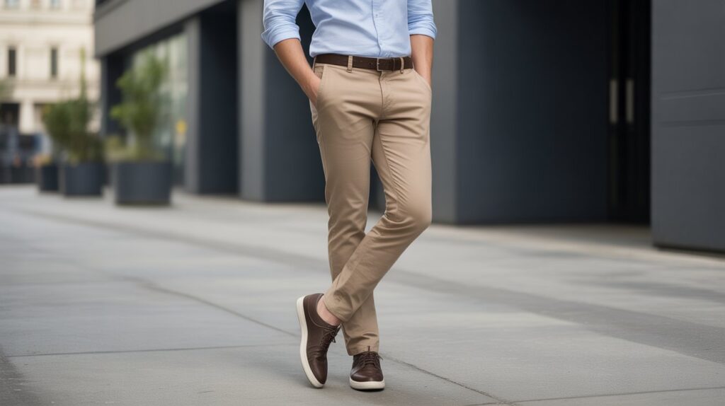 Man wearing beige best Brushed Cotton Pants for men styled with a light blue shirt and casual shoes in a modern urban setting.