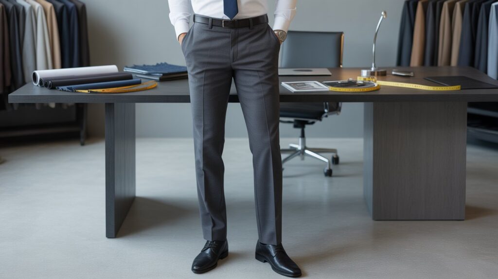 A man wearing stylish classic fit trousers in an office setting, showing the best Classic Fit pants for men with a polished and professional look.