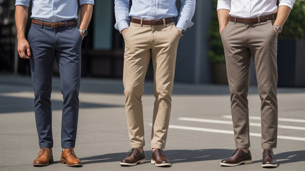 Men wearing best Cotton Twill Pants for men styled in classic colors with formal shirts and leather shoes for a smart casual outfit