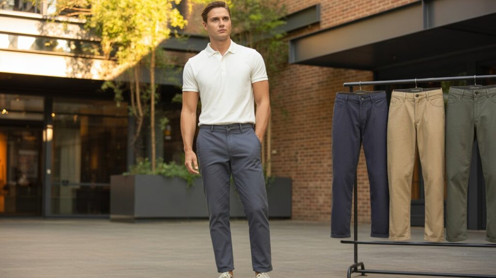 Man wearing the best Sanded Twill Pants for men, styled with a polo shirt in a modern outdoor setting.