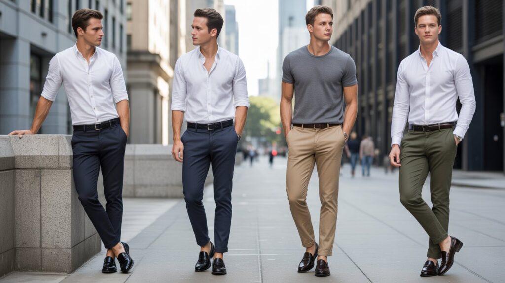 Four stylish men wearing the best slim fit chinos pants for men, paired with shirts and casual tops, walking in a modern city environment.