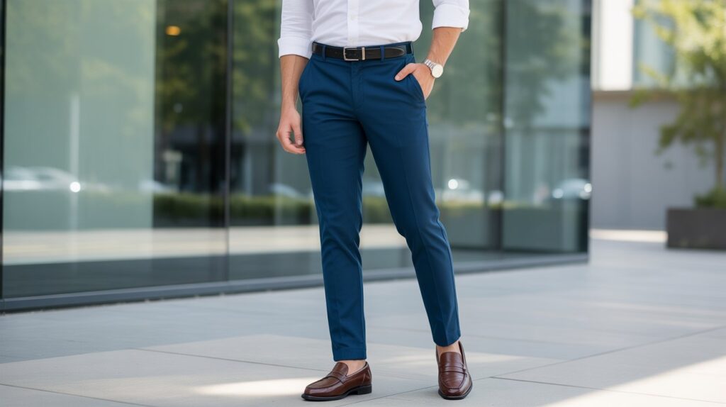 Man wearing the best stretch cotton pants for men in navy blue with a slim tailored fit and formal styling