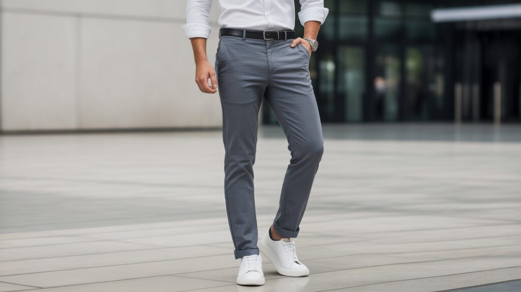 Man wearing best textured cotton pants for men styled in a smart casual outfit with white sneakers and a tailored shirt