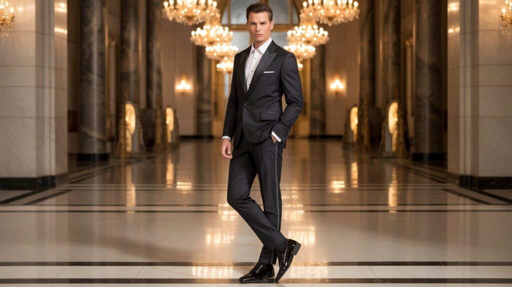 A man wearing a sharp black tuxedo in an elegant hall, showcasing the best tuxedo pants for men in a stylish formal look.