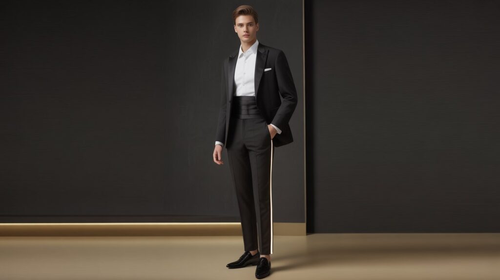 A man wearing an elegant formal outfit with best satin stripe tuxedo pants for men, styled with a black tuxedo jacket, white dress shirt, and sleek dress shoes.