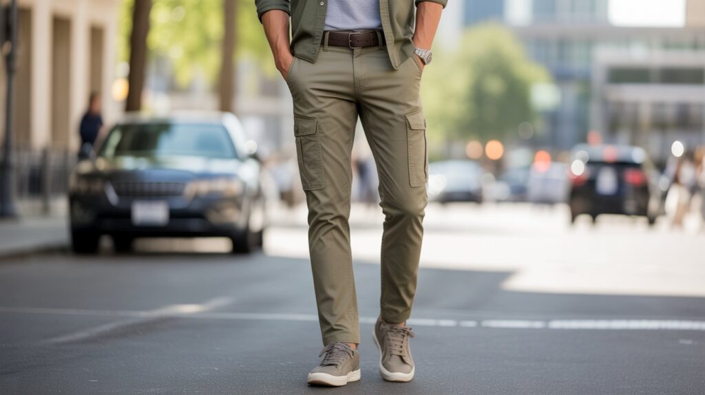 Man wearing olive green cargo chinos on a city street, showcasing the best Cargo Chinos pant for men with a modern slim fit and utility pockets
