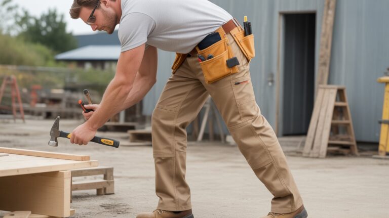 A carpenter working with tools outdoors while wearing the best Carpenter Pants for men designed for durability, comfort, and practical tool storage.