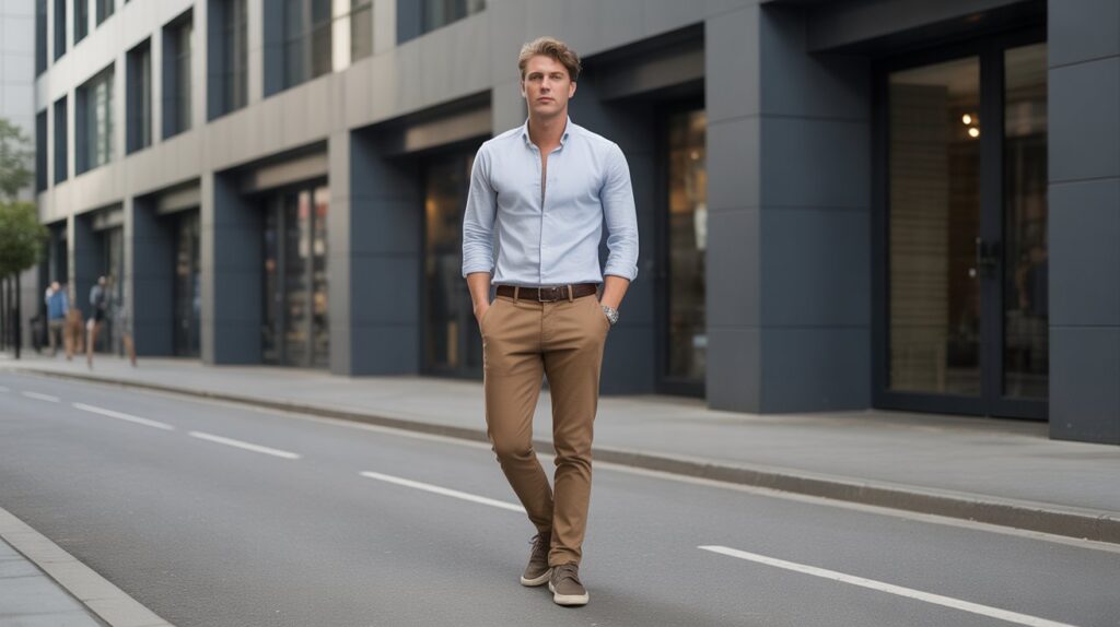 A man wearing the best Casual Flat Front Pants for men styled with a light blue shirt for a smart casual office look.