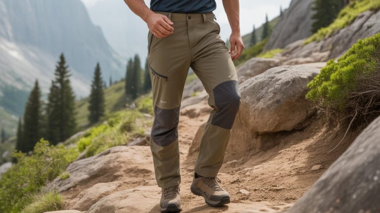 Man wearing the best hiking pants for men while trekking on a rocky mountain trail with durable outdoor fabric