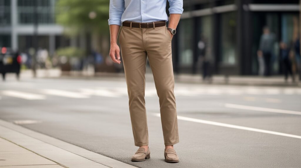 Man wearing the best Straight Leg Chinos pant for men styled with a light shirt and loafers for a smart casual look