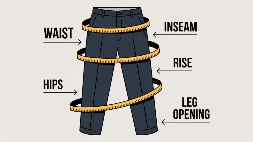 Illustrated guide showing how to measure pants size with waist, hips, rise, inseam, and leg opening marked clearly