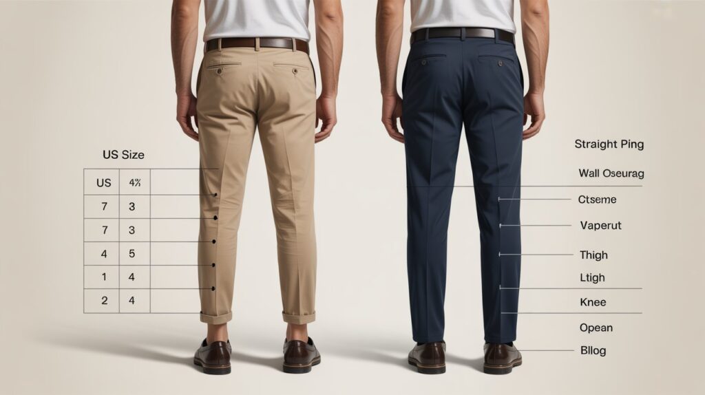 Back view comparison of tapered pants vs straight leg pants size chart showing US leg fit and measurement differences.
