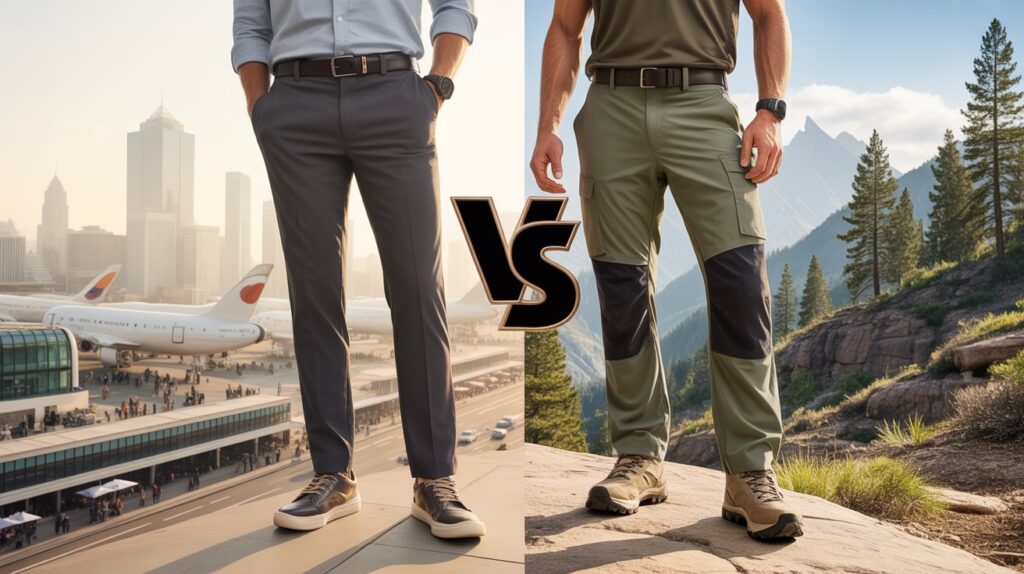 Comparison showing the best travel pants vs hiking pants for men, featuring stylish airport-ready travel trousers and rugged outdoor hiking pants for trails and adventures
