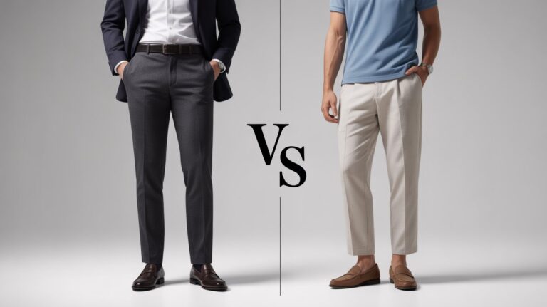 Side by side outfit comparison showing wool pants vs linen pants for men, highlighting formal wool trousers and breathable linen pants for casual summer wear.