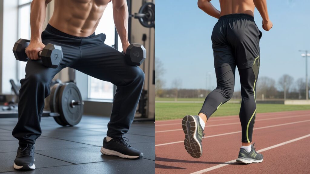 Side-by-side comparison of workout pants vs running pants for men, showing gym workout pants for strength training and lightweight running pants for outdoor running performance.