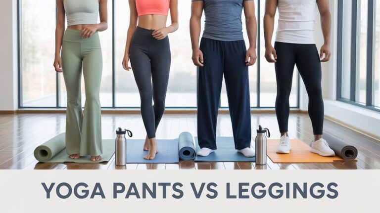 Side-by-side comparison of yoga pants vs leggings showing differences in fit, stretch, and comfort for workouts and daily wear.
