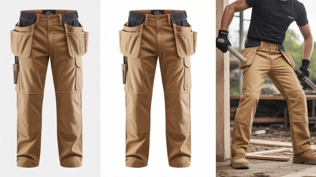 Heavy-duty utility trousers showing the best canvas work pants for men, featuring reinforced knees, tool pockets, and durable fabric for worksite use