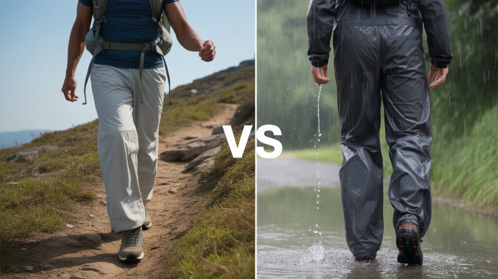 Man walking outdoors showing the best breathable pants vs waterproof pants comparison for hiking and rainy weather conditions
