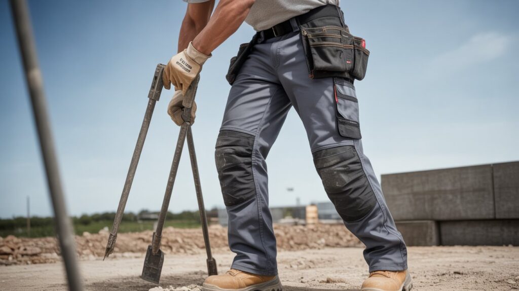 Man wearing reinforced utility trousers on a construction site, showcasing the best heavy duty work pants for men with knee protection and tool pockets