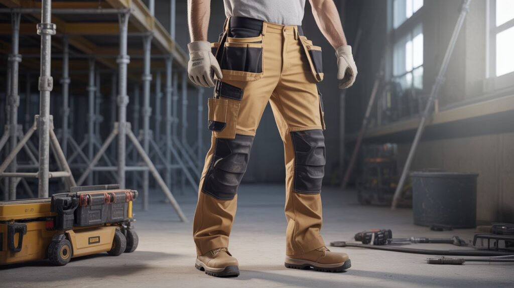 Worker wearing best industrial work pants for men featuring reinforced knees, utility pockets, and durable fabric for industrial job sites