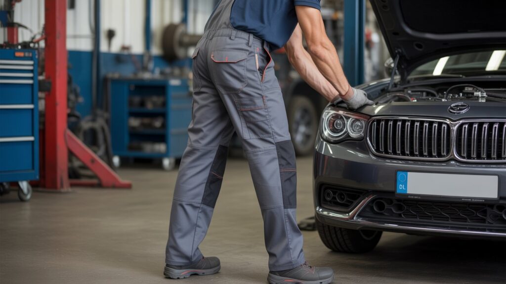 Mechanic working on a car in a workshop wearing the best mechanic pants for men designed for durability, comfort, and flexibility.