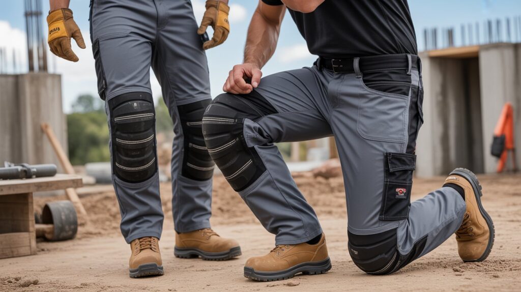 Men wearing best reinforced knee pants for men with knee padding and utility pockets, designed for construction and heavy-duty work