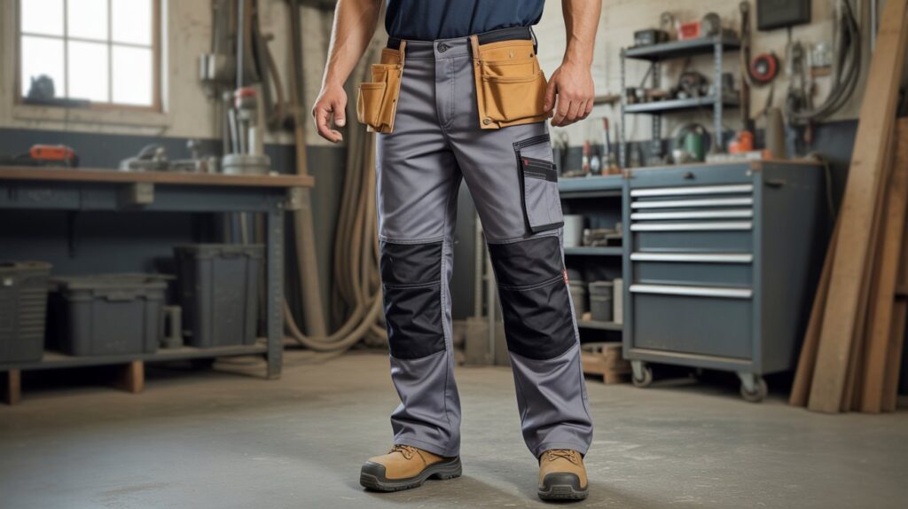 Worker wearing durable utility trousers showing the best shop pants for men, with reinforced knees, tool pockets, and a comfortable work-ready design