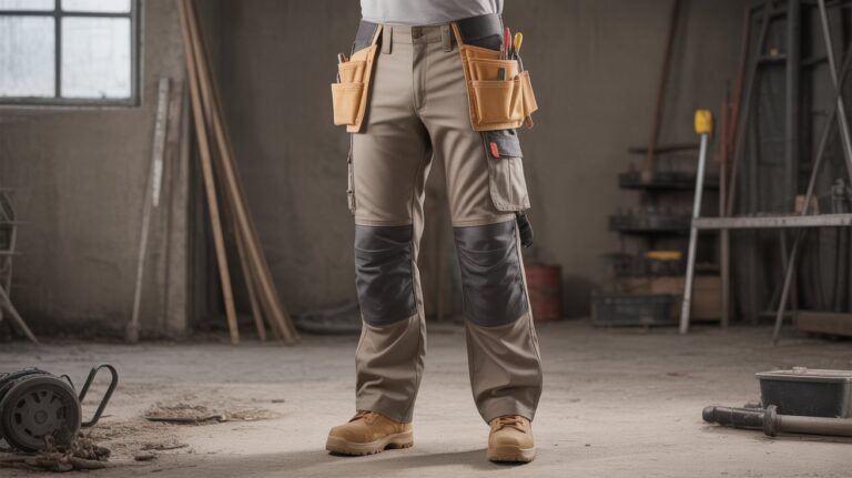 Worker wearing rugged trousers showcasing the best utility work pants for men, with reinforced knees, tool pockets, and durable workwear fabric