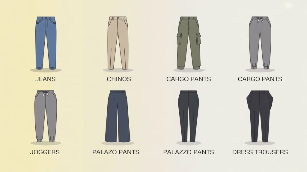 Illustrated infographic showing a different pant styles names list, including jeans, chinos, cargo pants, joggers, palazzo pants, and dress trousers in a clean modern design