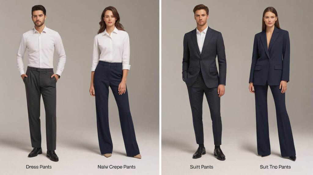 Dress pants vs suit pants what's the difference shown with men and women wearing dress pants on one side and matching suit pants with jackets on the other side in a clear fashion comparison image